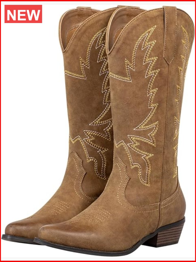 Wide Calf Cowboy Boots With Pointed Toe Chunky Low Heel, Faux Leather